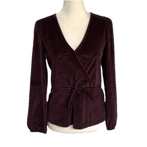 Madewell Merlot Burgundy Corduroy Tie Waist Faux-Wrap Top V-Neck Womens Size S